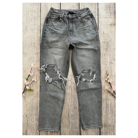 American Eagle Outfitters Denim - E1 -- AMERICAN EAGLE gray comfort stretch waistband destroyed mom jeans 4